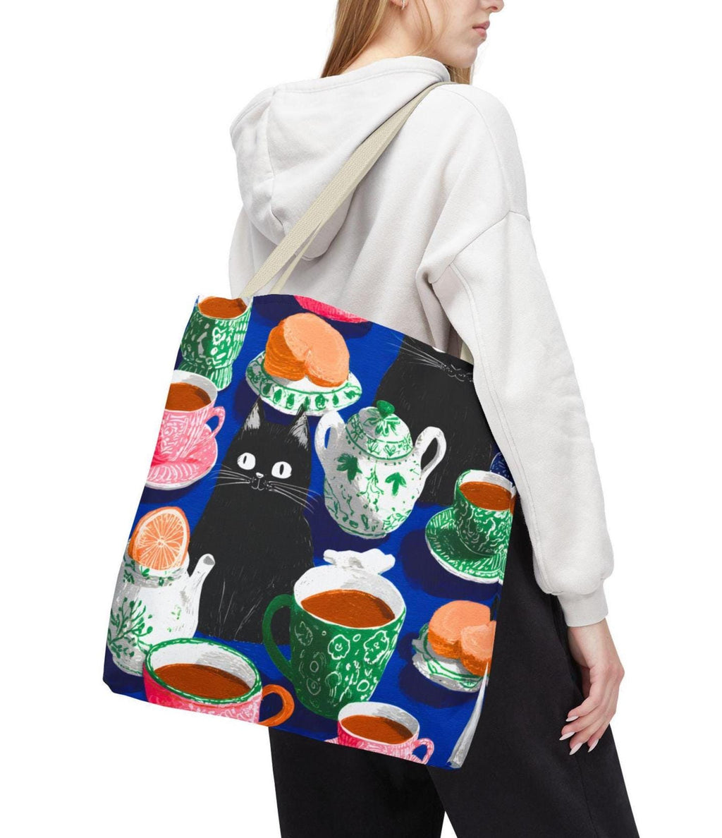 Cat & Tea Party Tote Bag, Colorful Whimsical Illustration