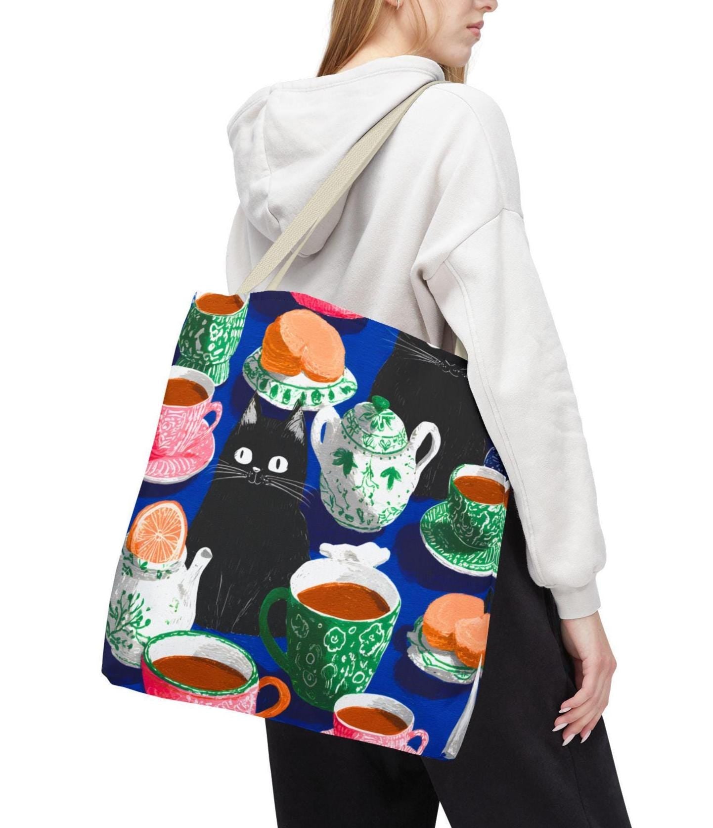 Cat & Tea Party Tote Bag, Colorful Whimsical Illustration