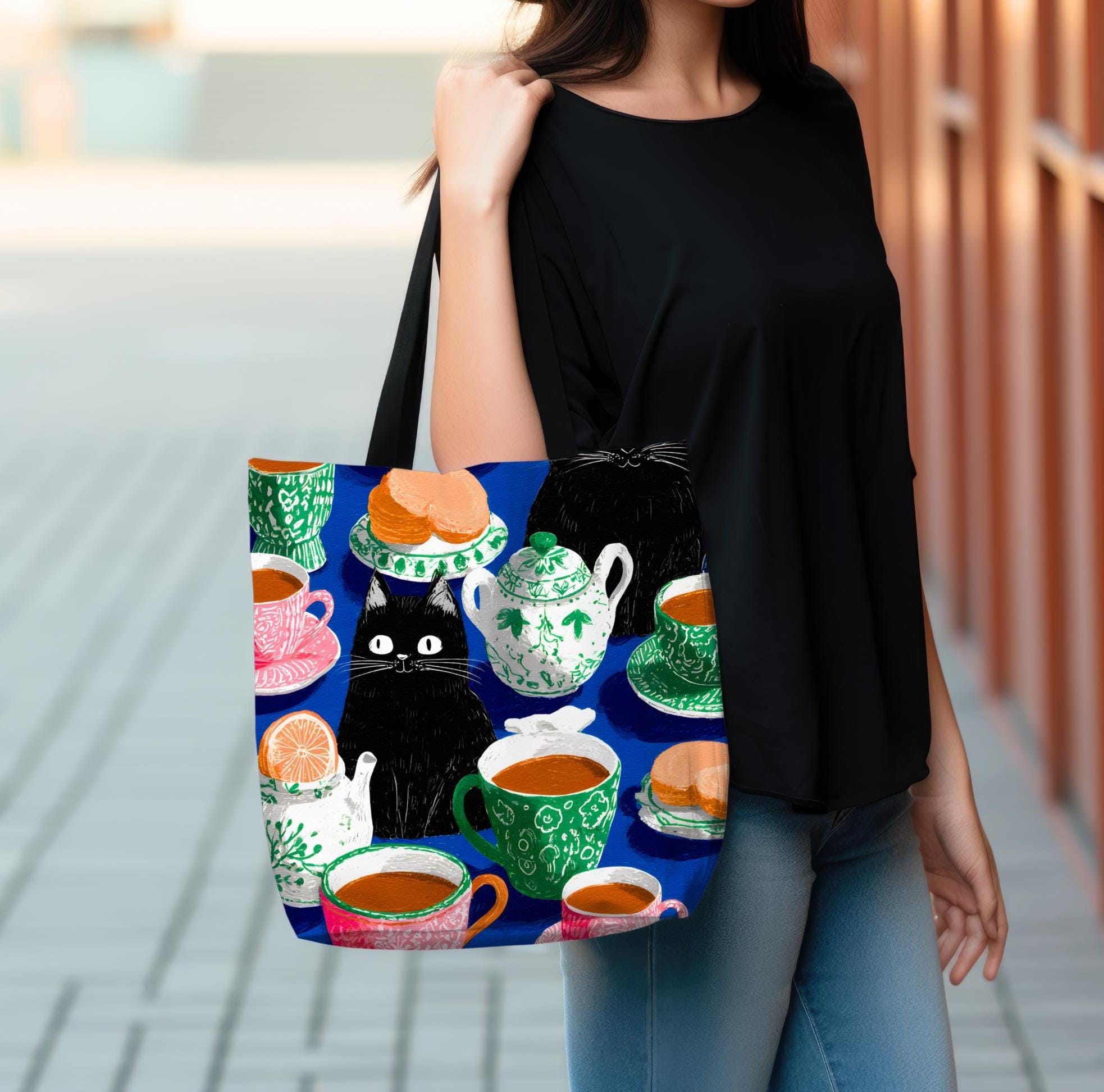Cat & Tea Party Tote Bag, Colorful Whimsical Illustration