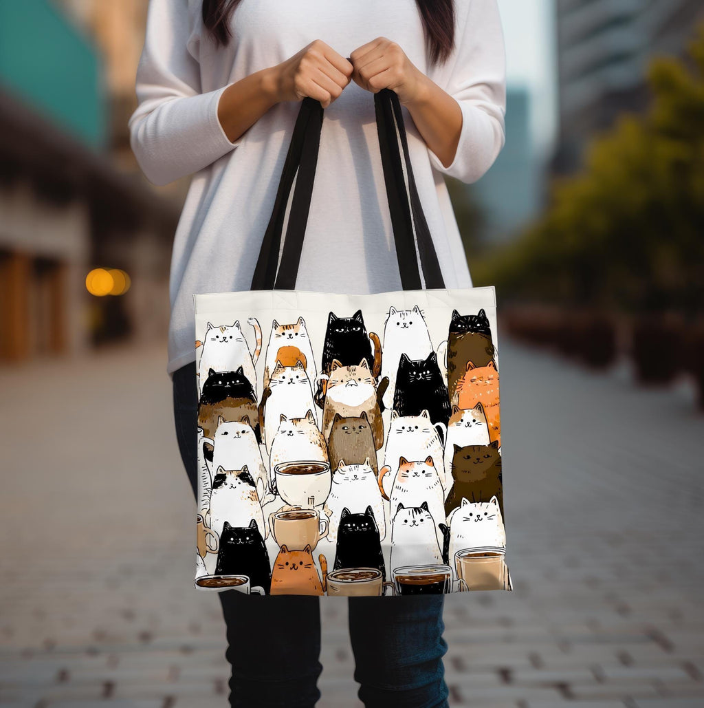 Whimsical Coffee Mug Tote Bag Brown Shopping for Cat Lovers