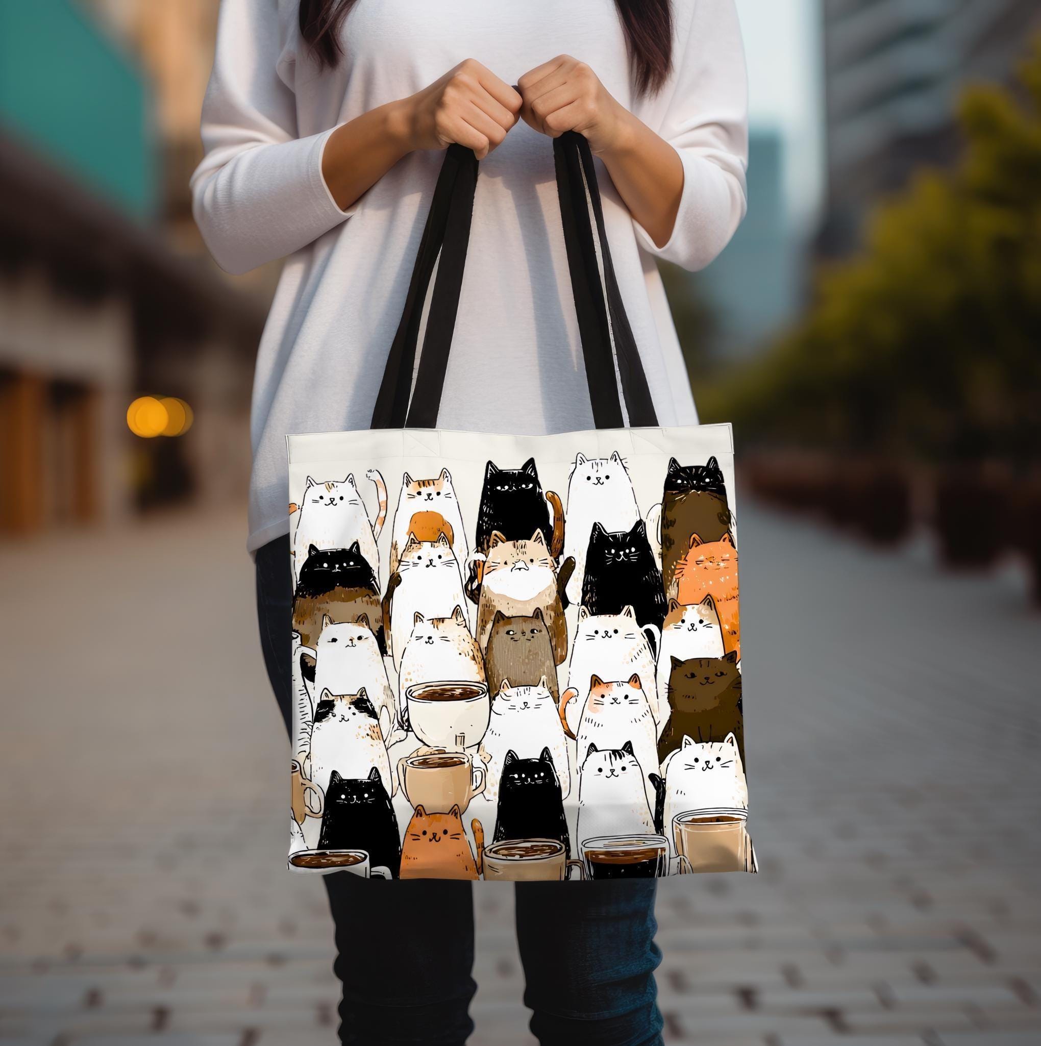 Whimsical Coffee Mug Tote Bag Brown Shopping for Cat Lovers