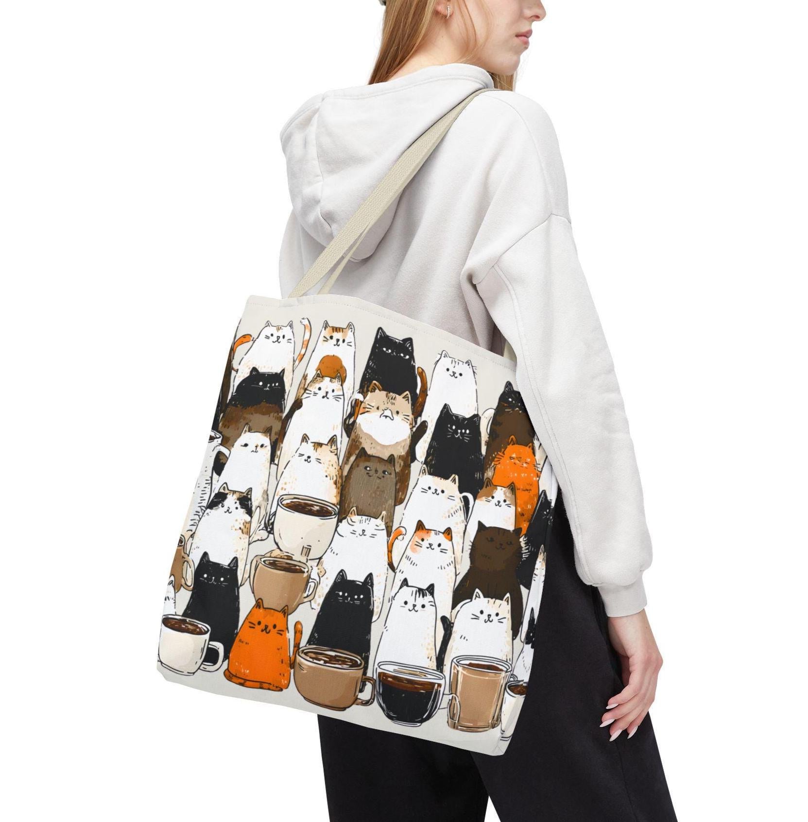 Whimsical Coffee Mug Tote Bag Brown Shopping for Cat Lovers