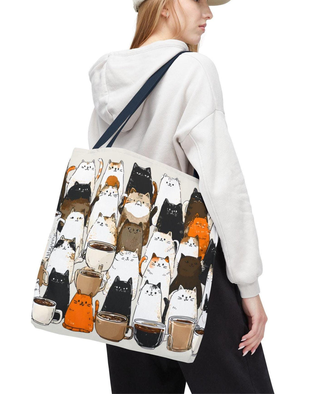 Whimsical Coffee Mug Tote Bag Brown Shopping for Cat Lovers