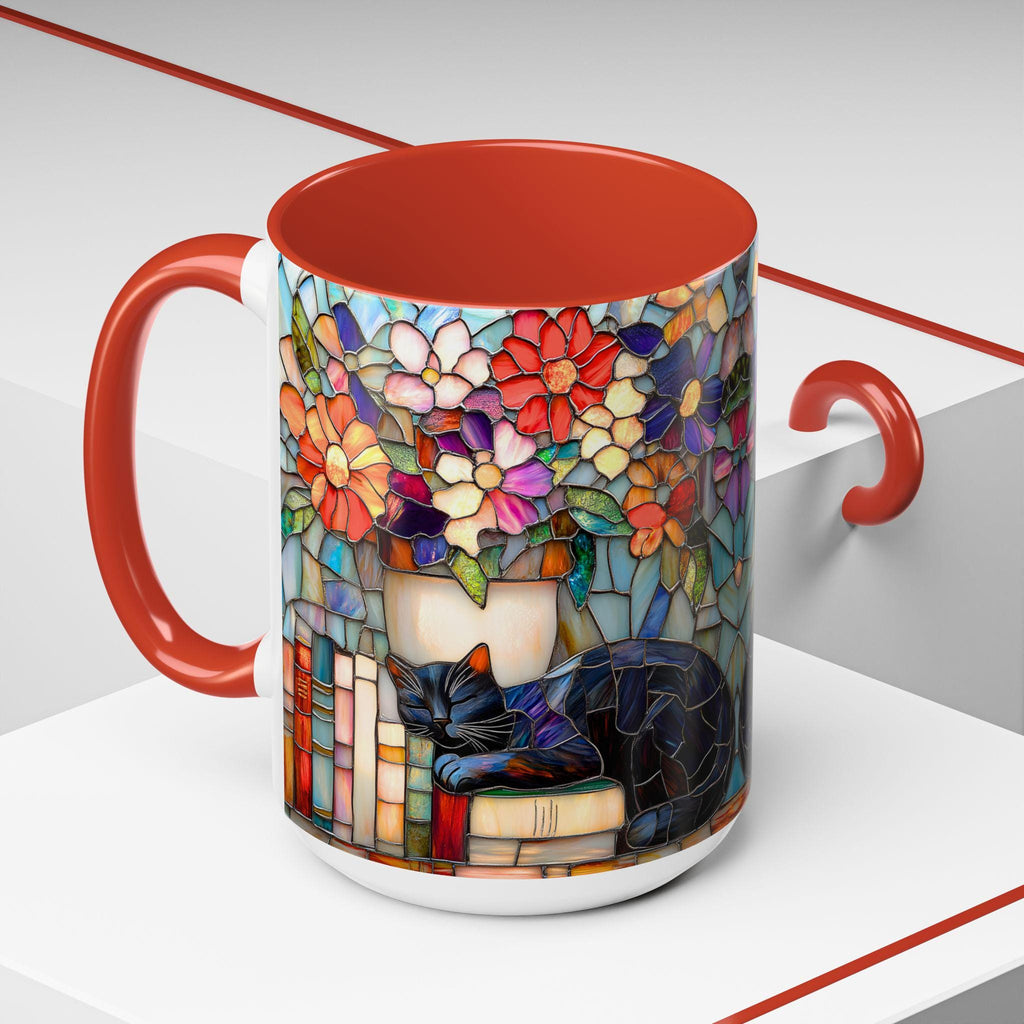 LELORESTORE Stained Glass Style Cat Mug Black Cat Floral Bookshelf Coffee Mug
