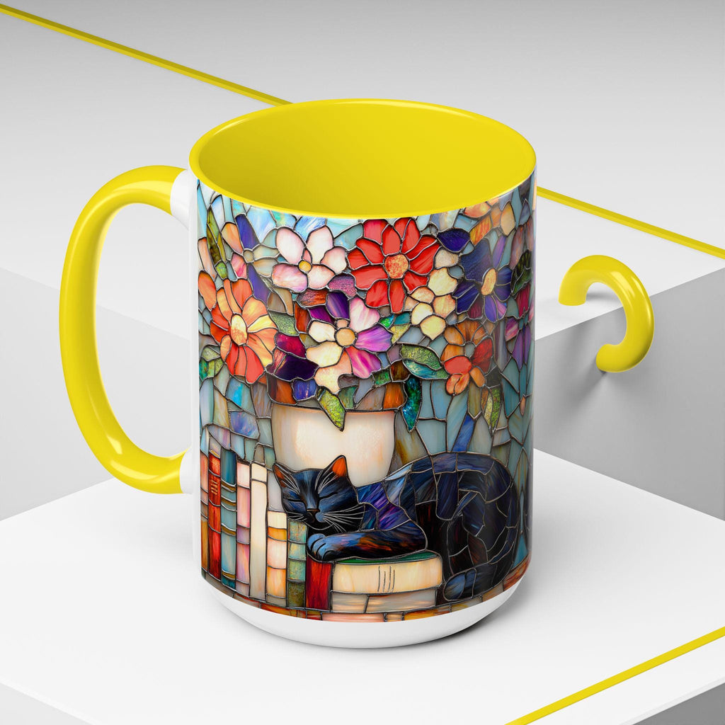 LELORESTORE Stained Glass Style Cat Mug Black Cat Floral Bookshelf Coffee Mug