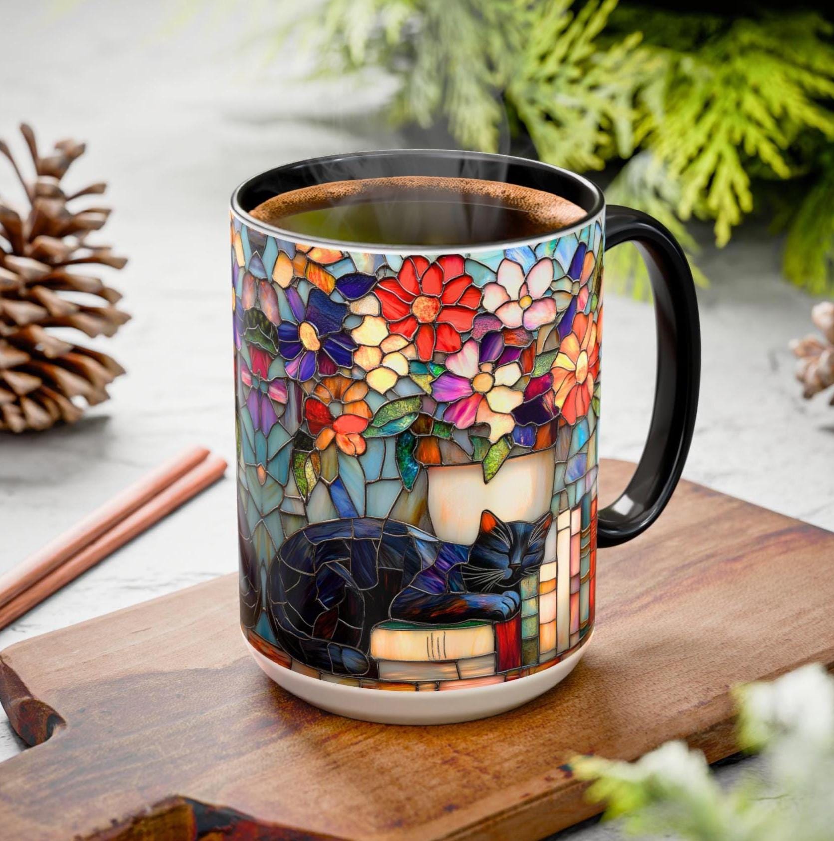 LELORESTORE Stained Glass Style Cat Mug Black Cat Floral Bookshelf Coffee Mug
