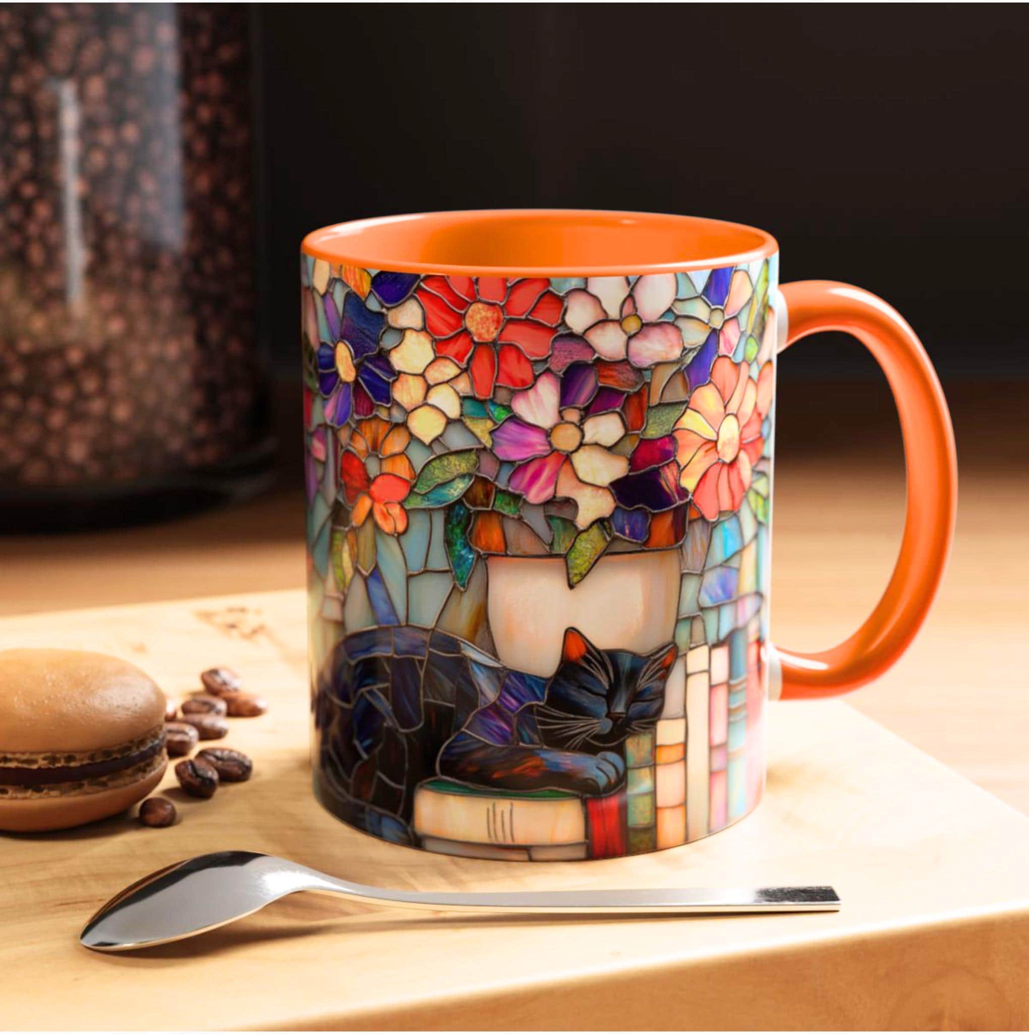 LELORESTORE Black Cat Stained Glass Style Mug Floral Bookshelf Coffee Cup 15oz