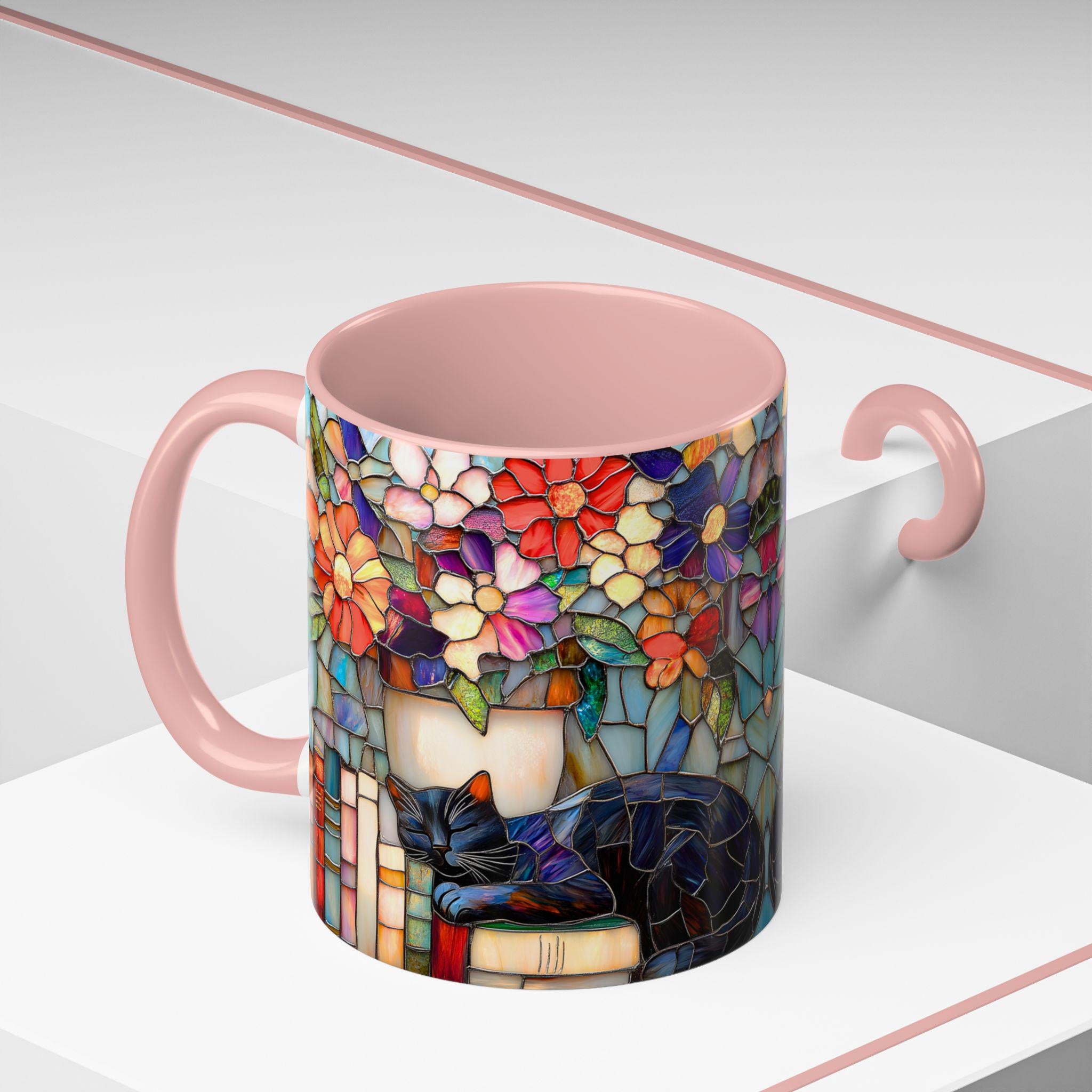 LELORESTORE Black Cat Stained Glass Style Mug Floral Bookshelf Coffee Cup 15oz