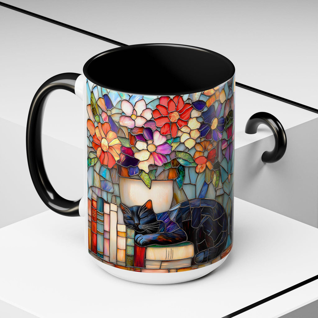 LELORESTORE Black Cat Stained Glass Style Mug Floral Bookshelf Coffee Cup 15oz