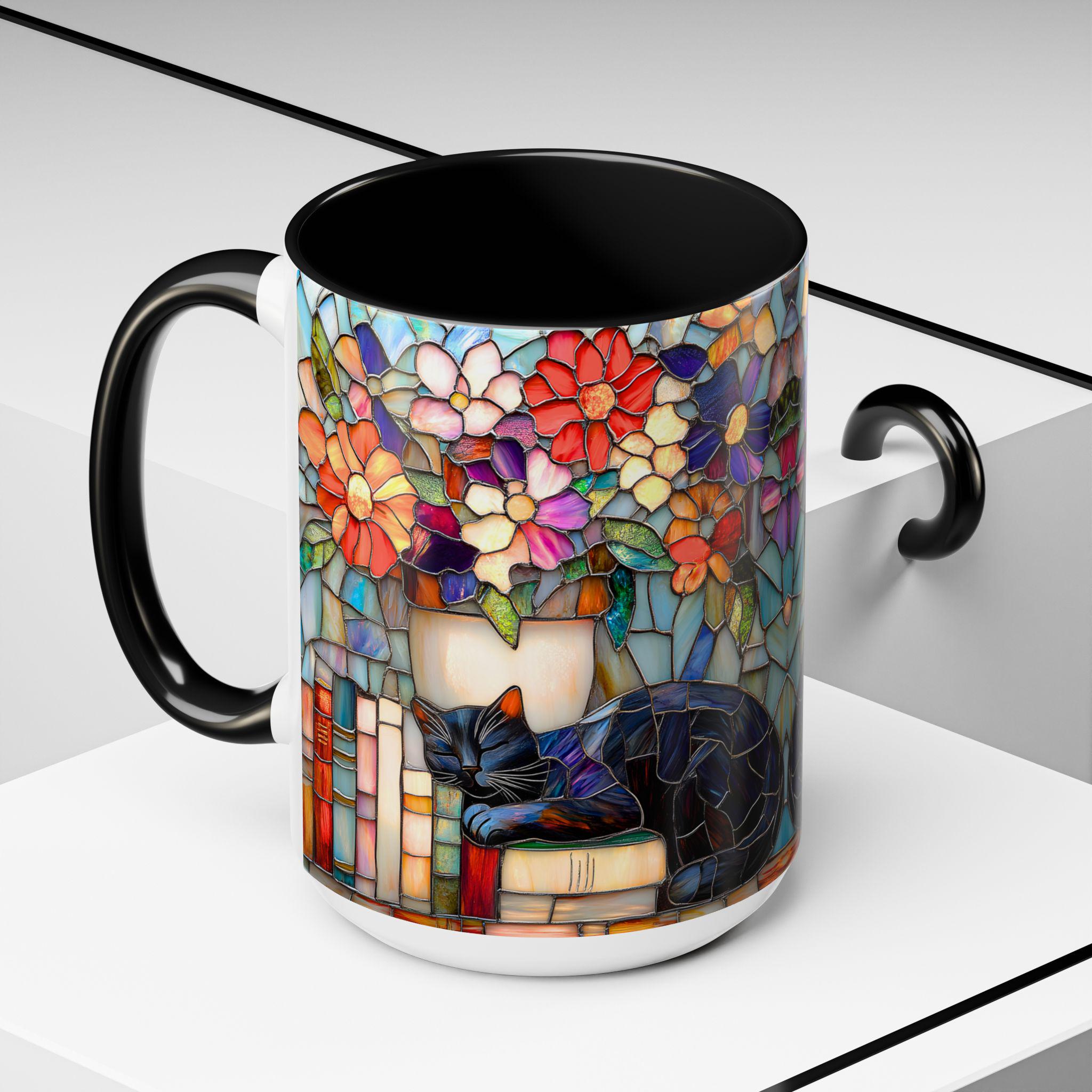 LELORESTORE Black Cat Stained Glass Style Mug Floral Bookshelf Coffee Cup 15oz