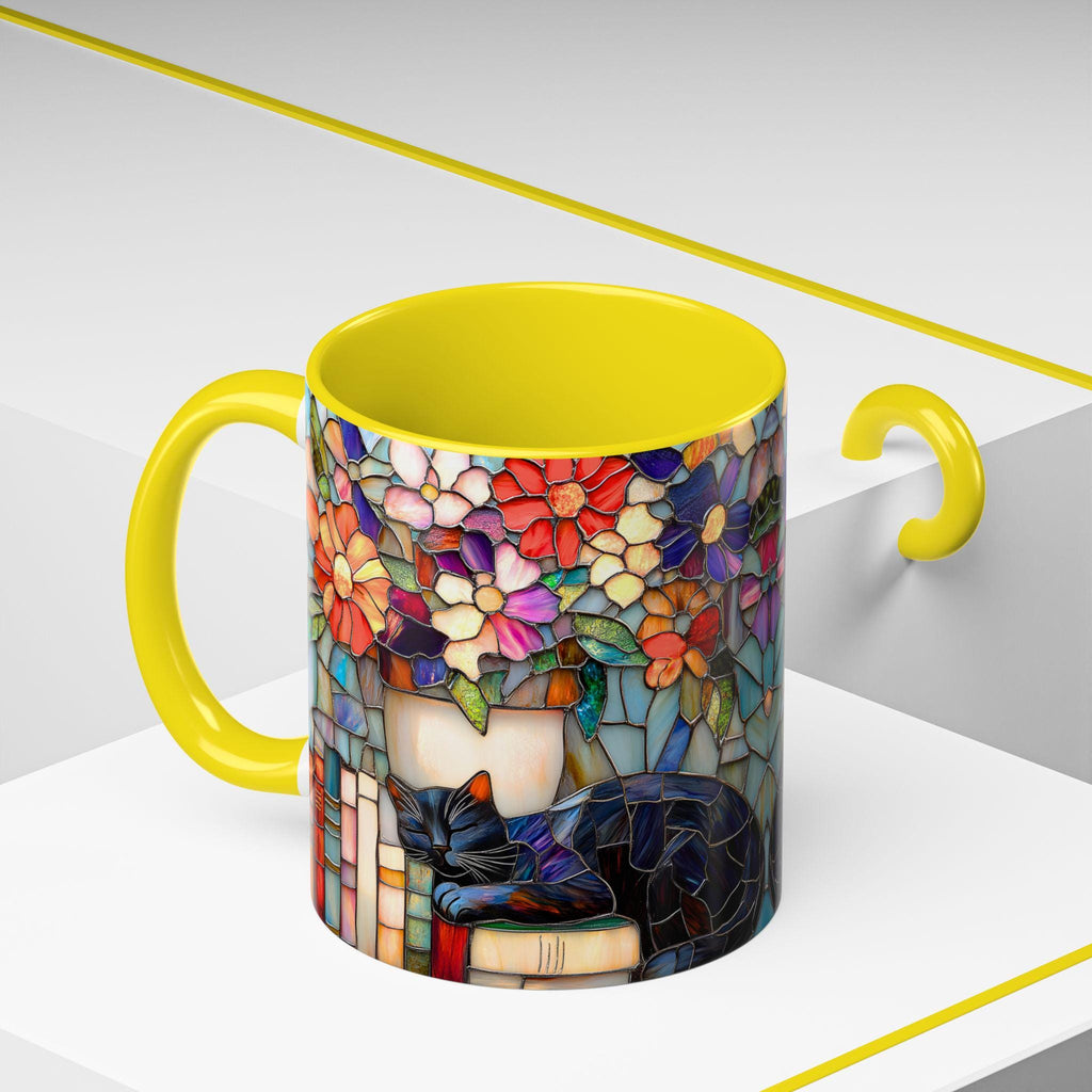 LELORESTORE Black Cat Stained Glass Style Mug Floral Bookshelf Coffee Cup 15oz