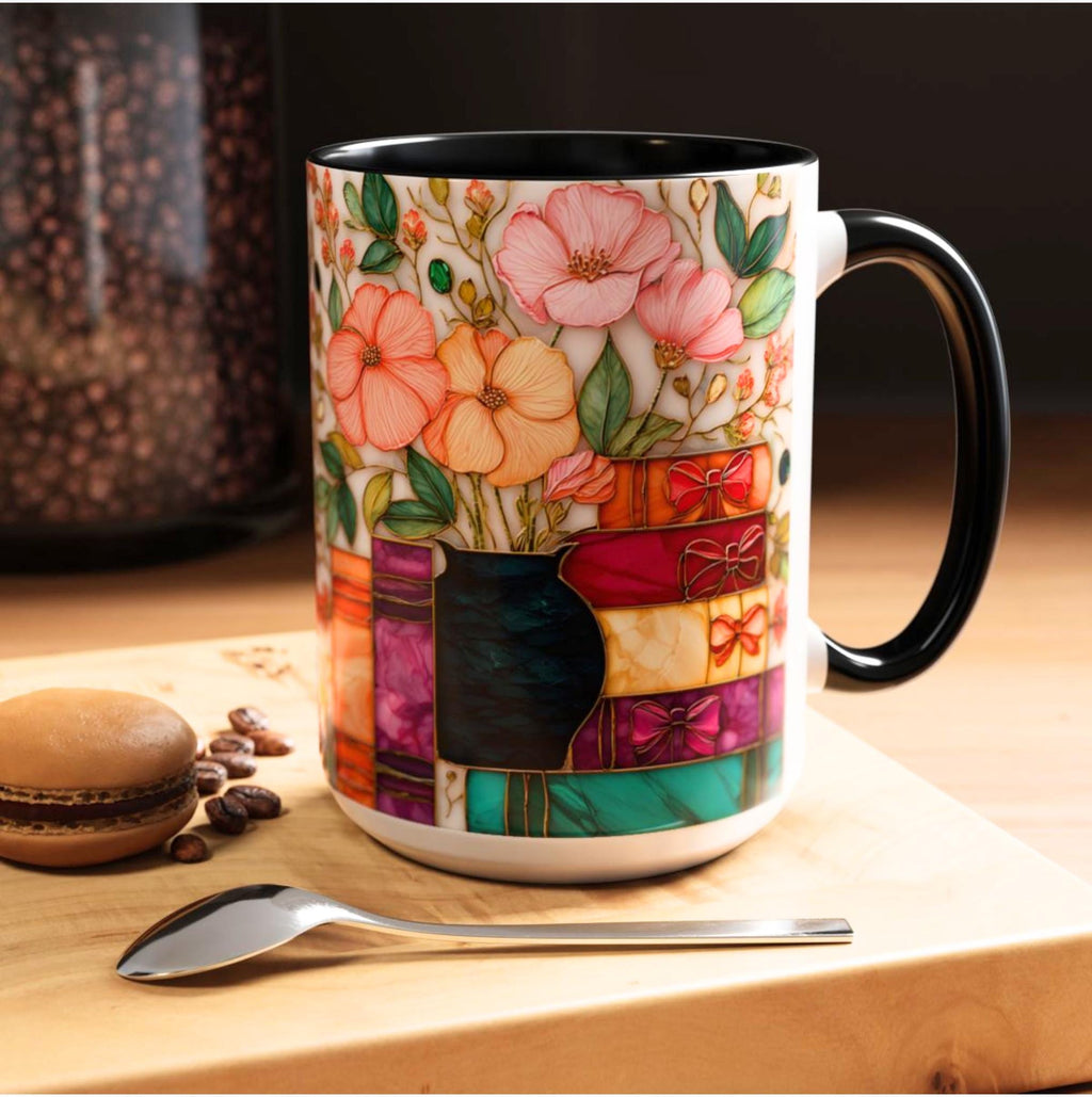 LELORESTORE Stained Glass Style Floral Bookshelf Mug 15oz