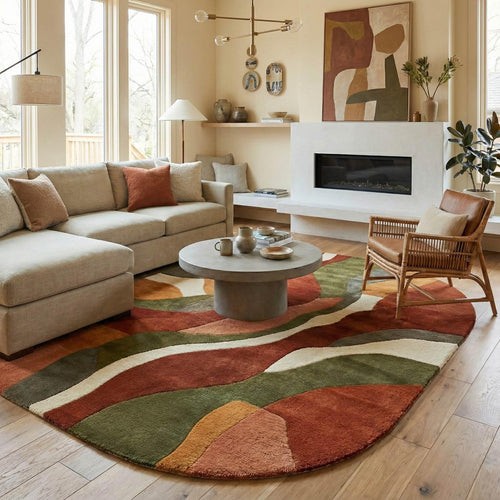 Abstract Wavy Oval Hand Tufted Wool Rug Sage Green Terracotta
