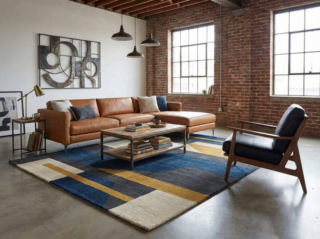 RugverseCreations Navy Blue Mustard Geometric Hand Tufted Wool Rug