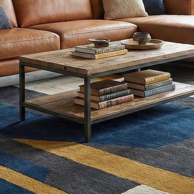 RugverseCreations Navy Blue Mustard Geometric Hand Tufted Wool Rug