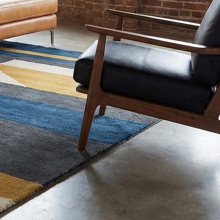 RugverseCreations Navy Blue Mustard Geometric Hand Tufted Wool Rug