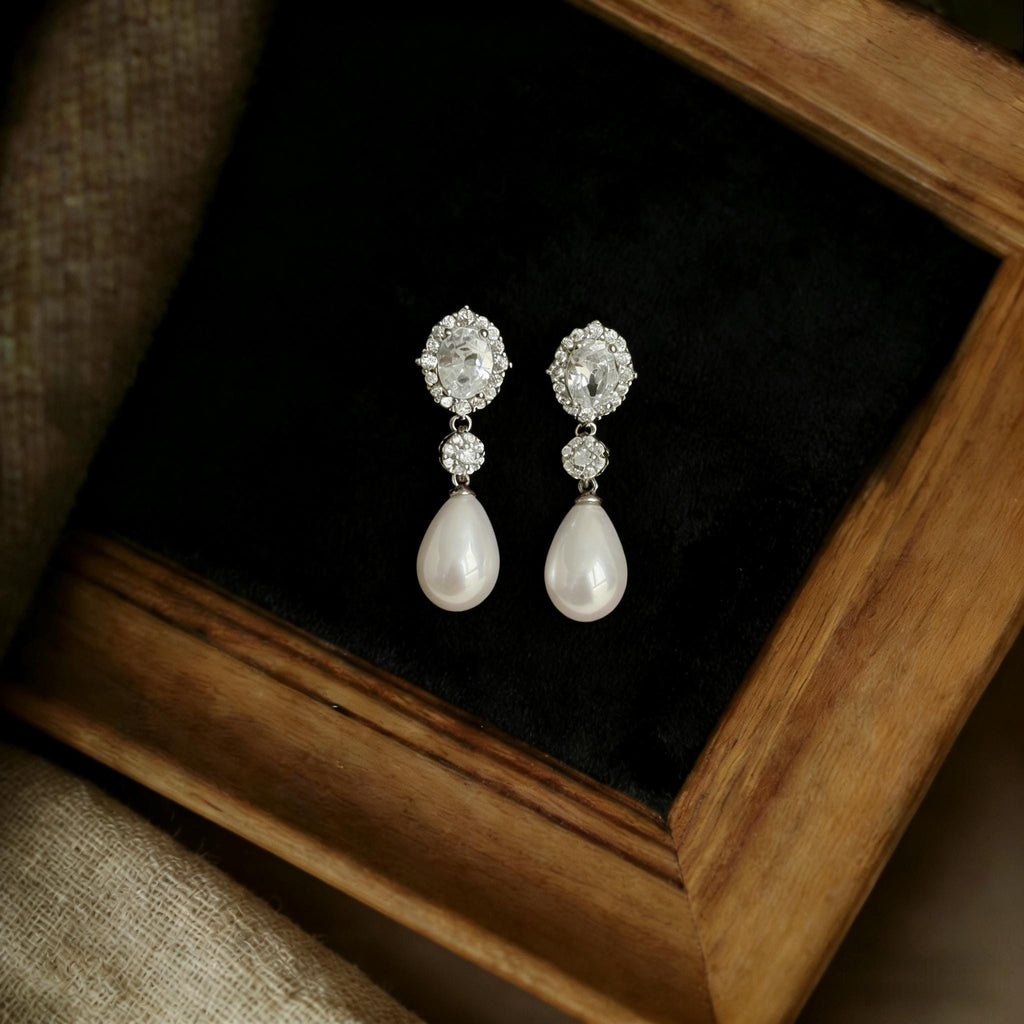 EcloraTreasures Minimalist Bridal Pearl and Crystal Drop Earrings