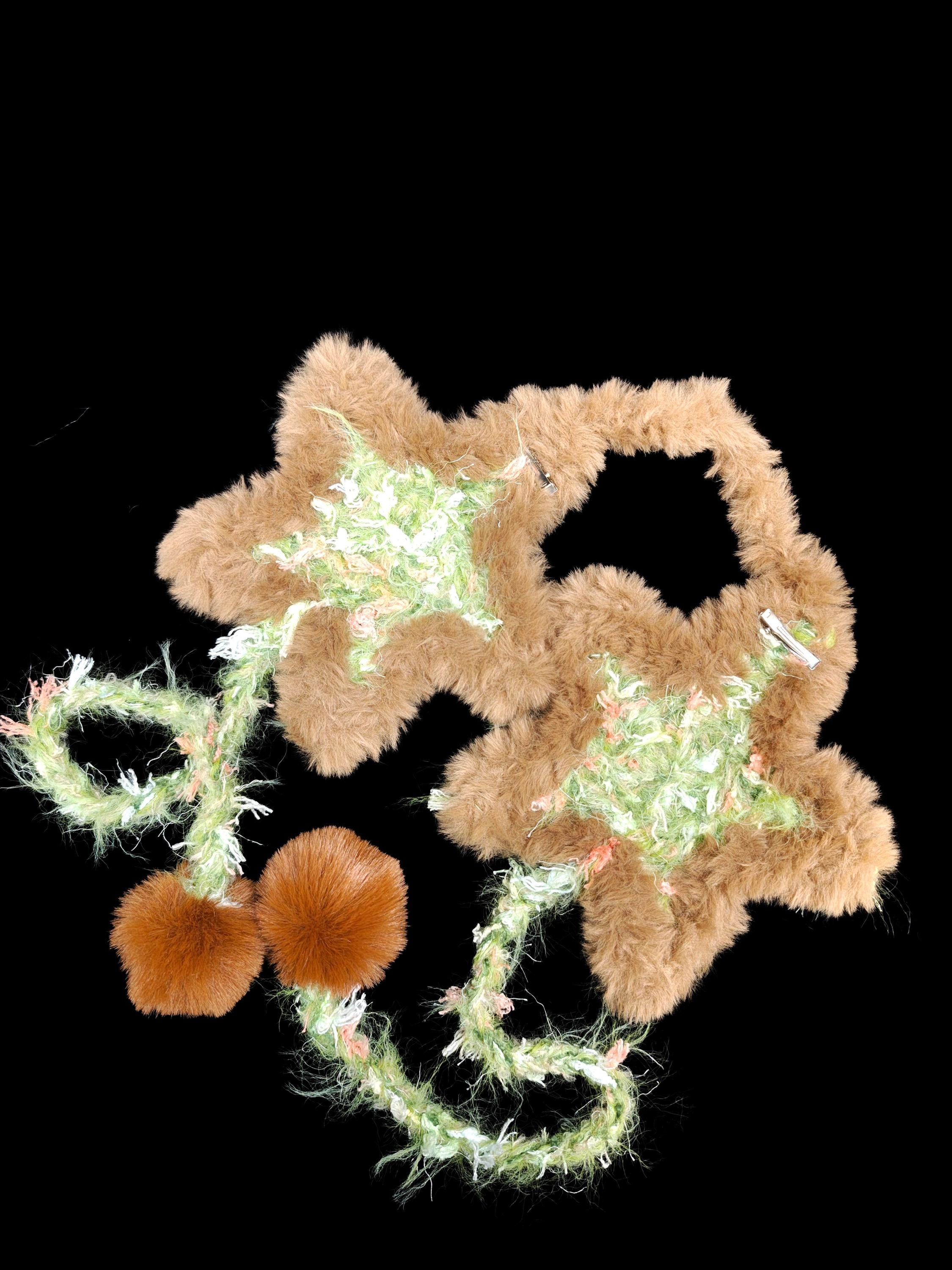 StellarPride Star Ear Muffs Brown Faux Fur Green Yarn