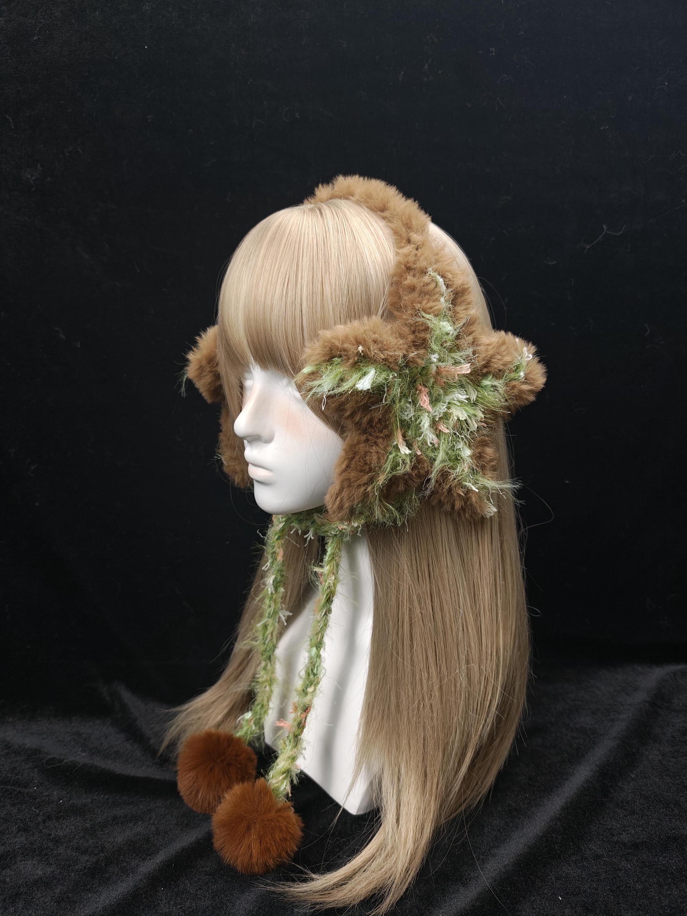 StellarPride Star Ear Muffs Brown Faux Fur Green Yarn