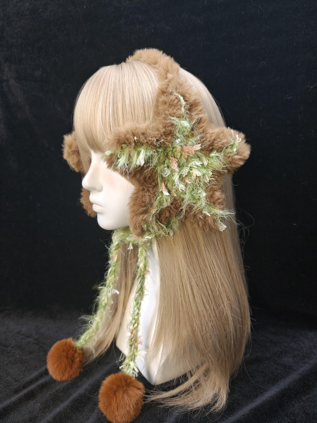 StellarPride Star Ear Muffs Brown Faux Fur Green Yarn
