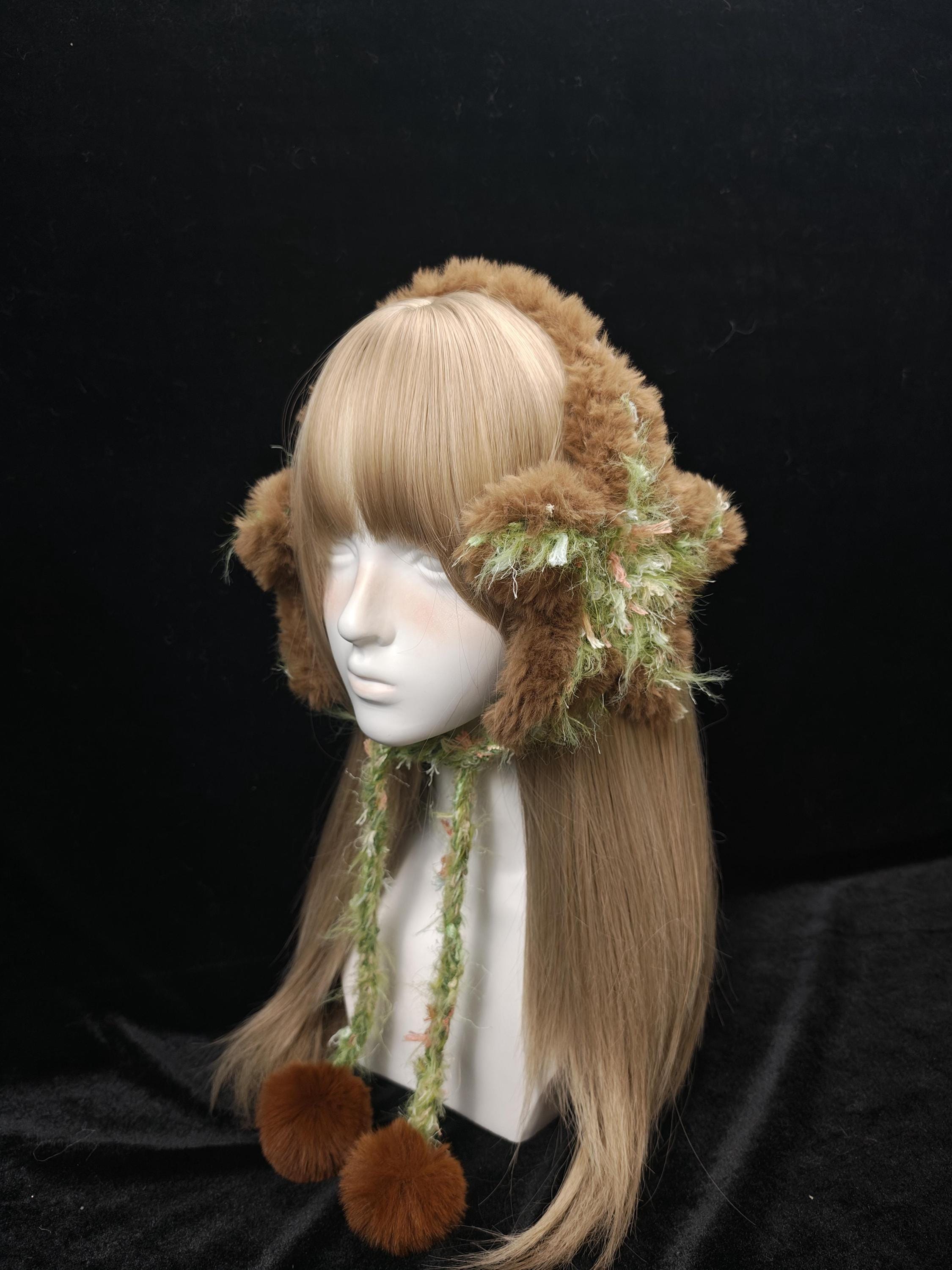 StellarPride Star Ear Muffs Brown Faux Fur Green Yarn