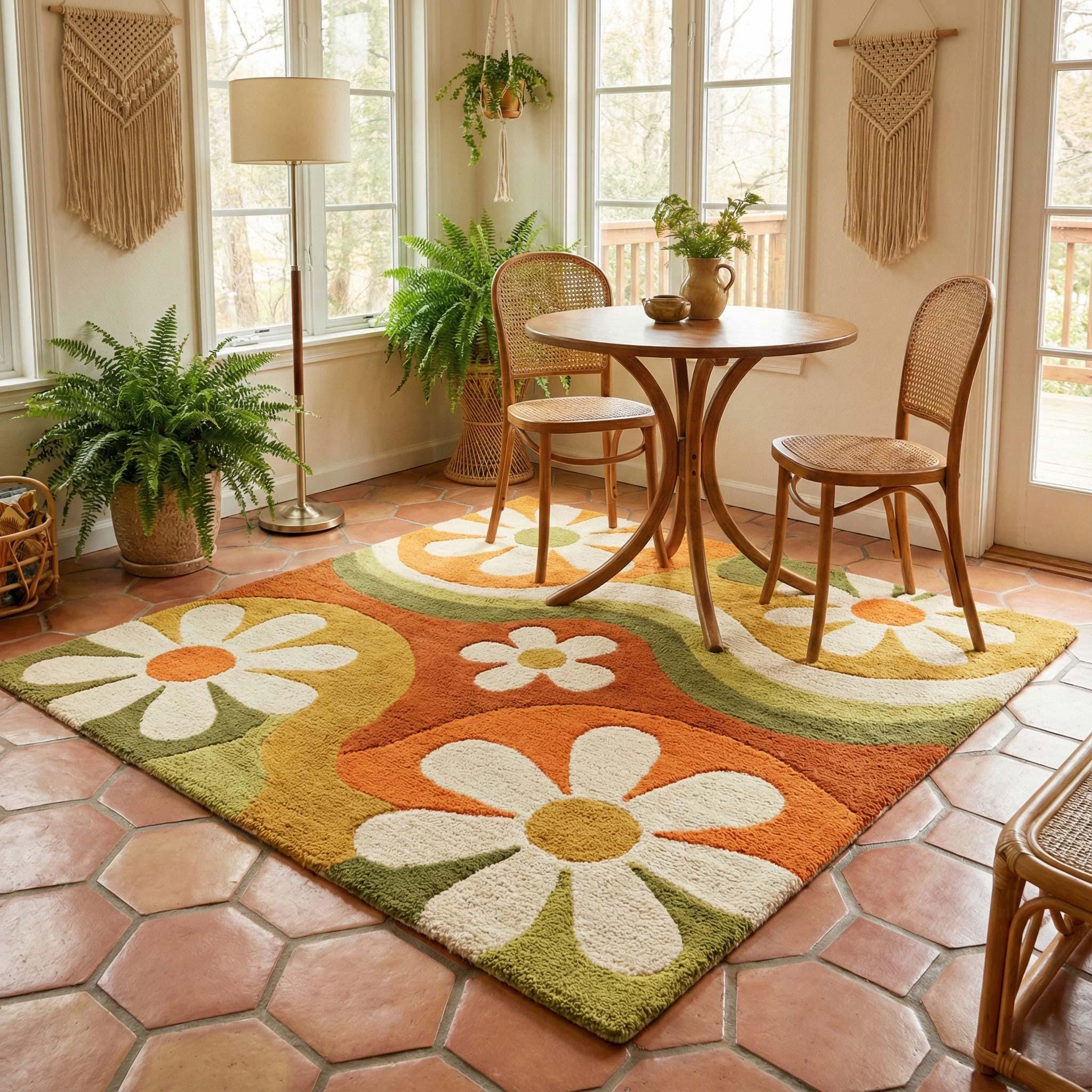 RugverseCreations Retro 70s Floral Hand Tufted Wool Rug Psychedelic Petal Pattern