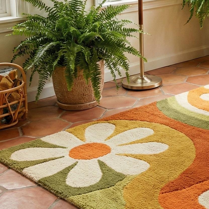 RugverseCreations Retro 70s Floral Hand Tufted Wool Rug Psychedelic Petal Pattern
