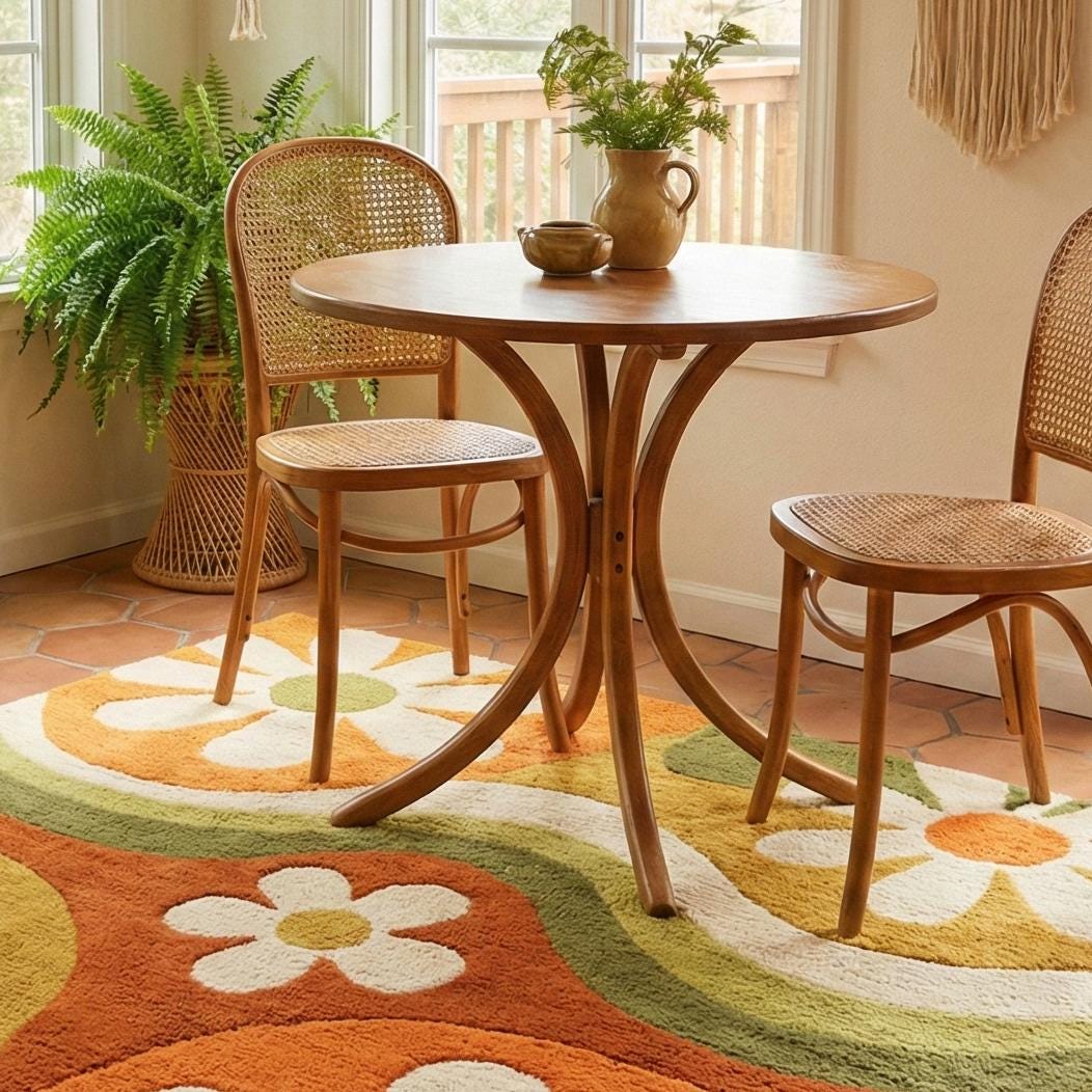 RugverseCreations Retro 70s Floral Hand Tufted Wool Rug Psychedelic Petal Pattern