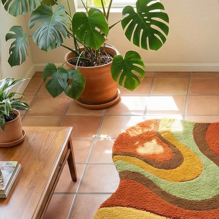 RugverseCreations Hand Tufted Wool Rug Irregular Wavy Pattern Orange Sage Green