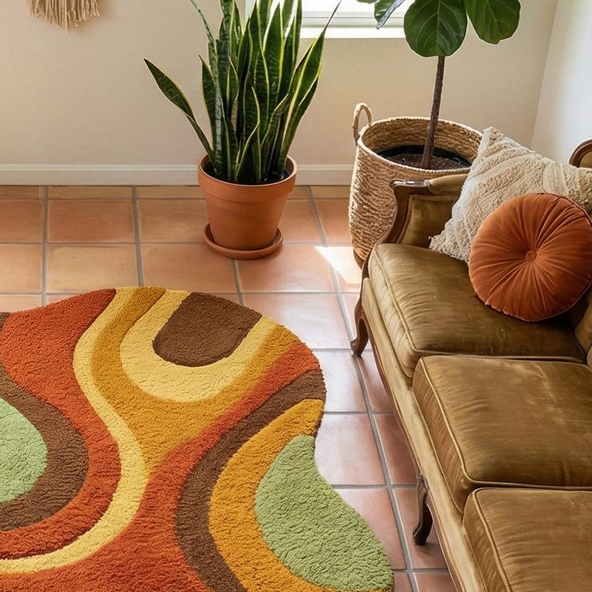 RugverseCreations Hand Tufted Wool Rug Irregular Wavy Pattern Orange Sage Green