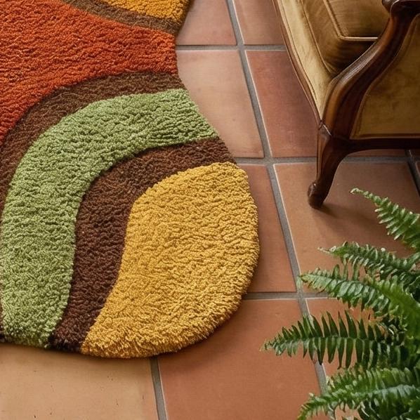 RugverseCreations Hand Tufted Wool Rug Irregular Wavy Pattern Orange Sage Green