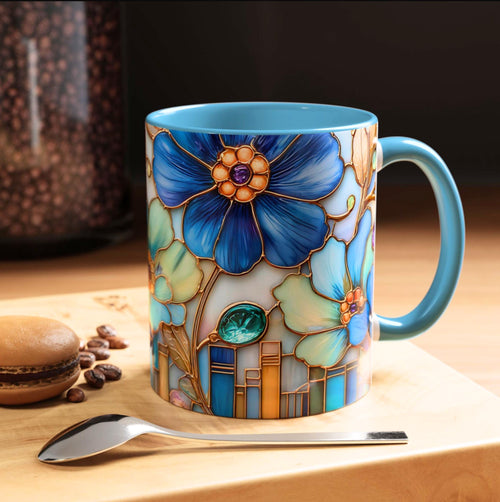 Floral Book Coffee Mug Faux Stained Glass Bookshelf Lover Gift
