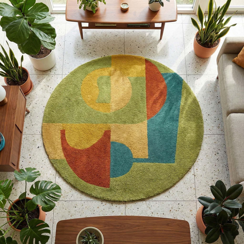 RugverseCreations Round Abstract Geometric Hand Tufted Wool Carpet Sage Green Rust Mustard