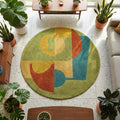 RugverseCreations Round Abstract Geometric Hand Tufted Wool Carpet Sage Green Rust Mustard