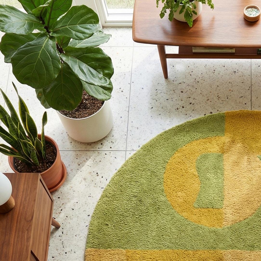 RugverseCreations Round Abstract Geometric Hand Tufted Wool Carpet Sage Green Rust Mustard