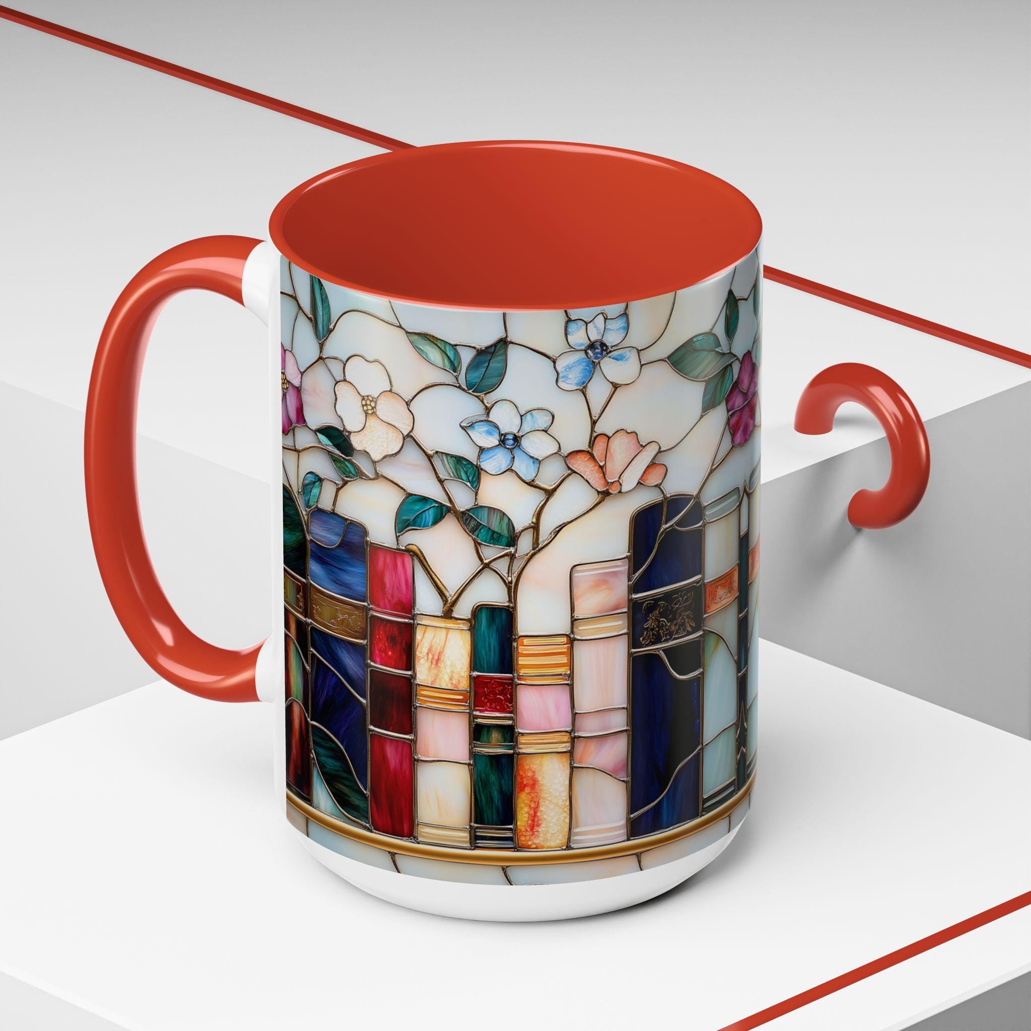 Stained Glass Floral Bookshelf Mug 15oz Ceramic Coffee Cup