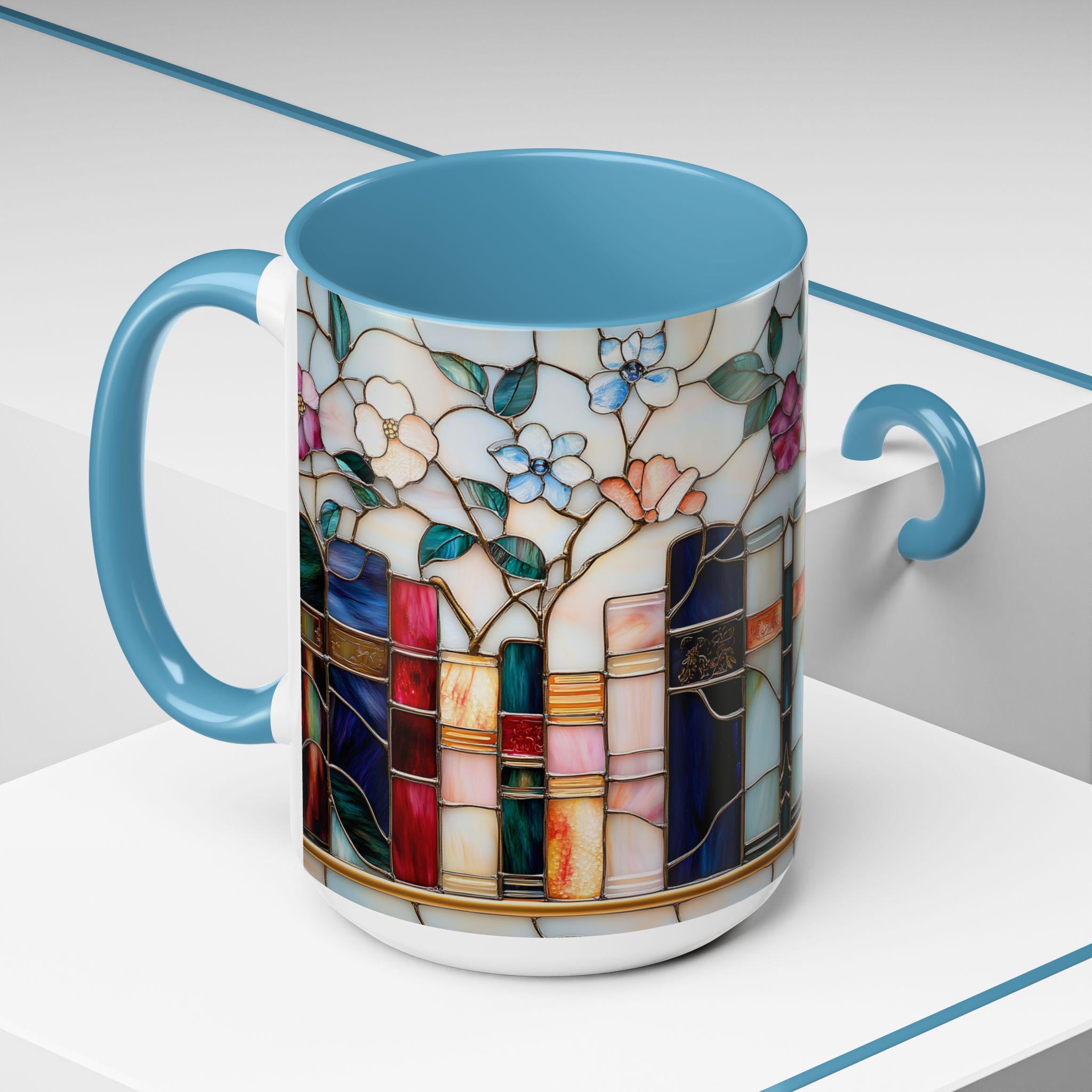 Stained Glass Floral Bookshelf Mug 15oz Ceramic Coffee Cup