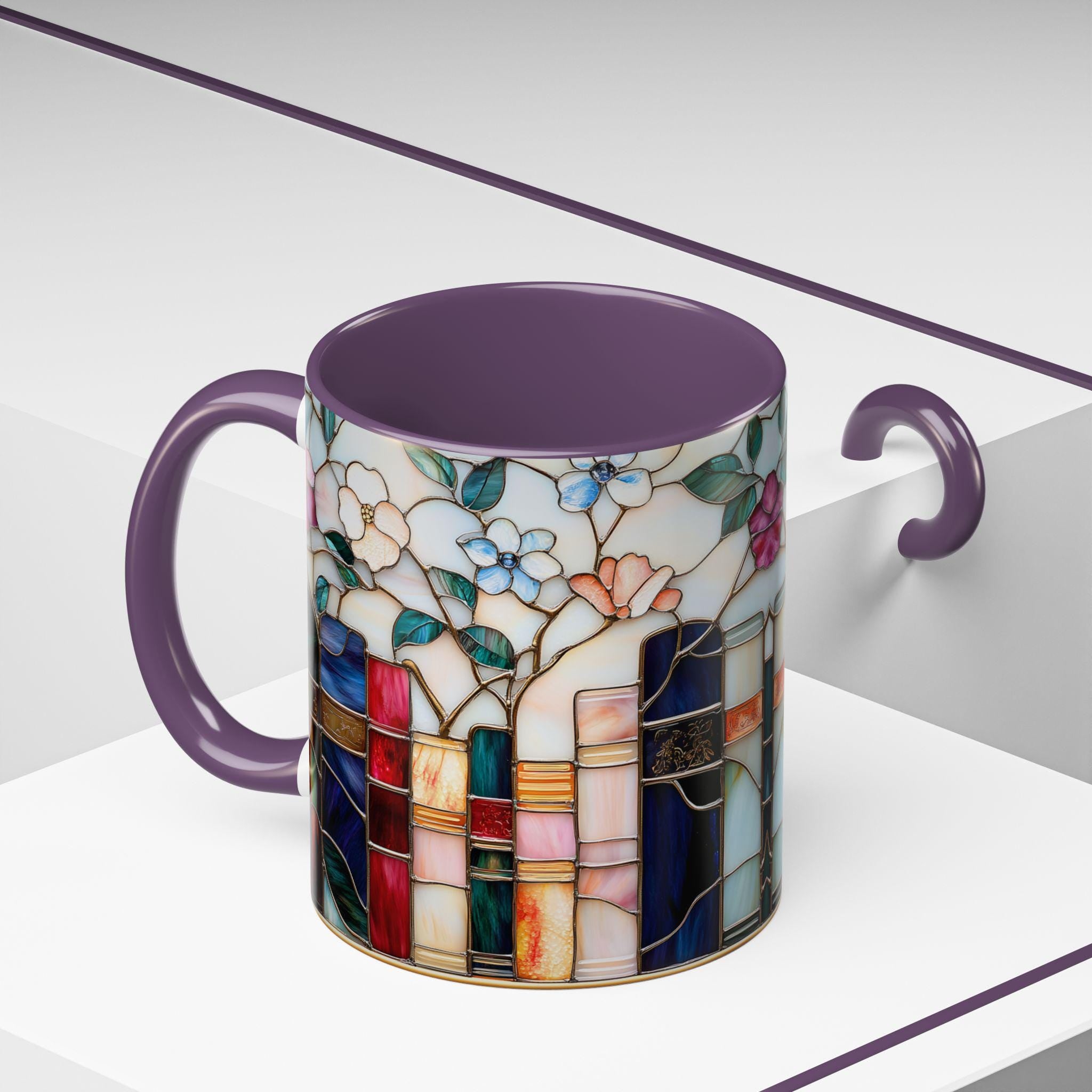 Stained Glass Floral Bookshelf Mug 15oz Ceramic Coffee Cup