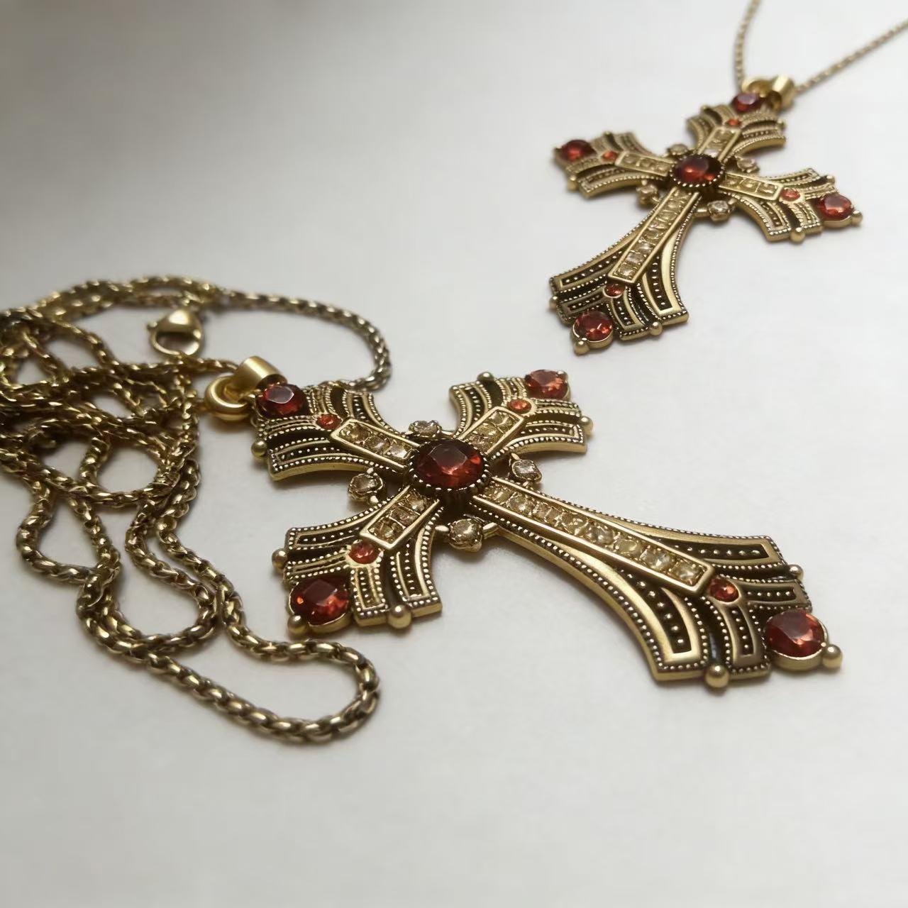 Vintage Gold Cross Pendant with Rhinestones Alloy Gothic Charm