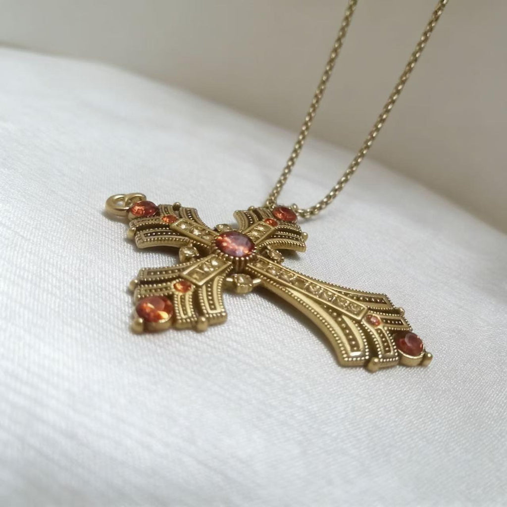 Vintage Gold Cross Pendant with Rhinestones Alloy Gothic Charm