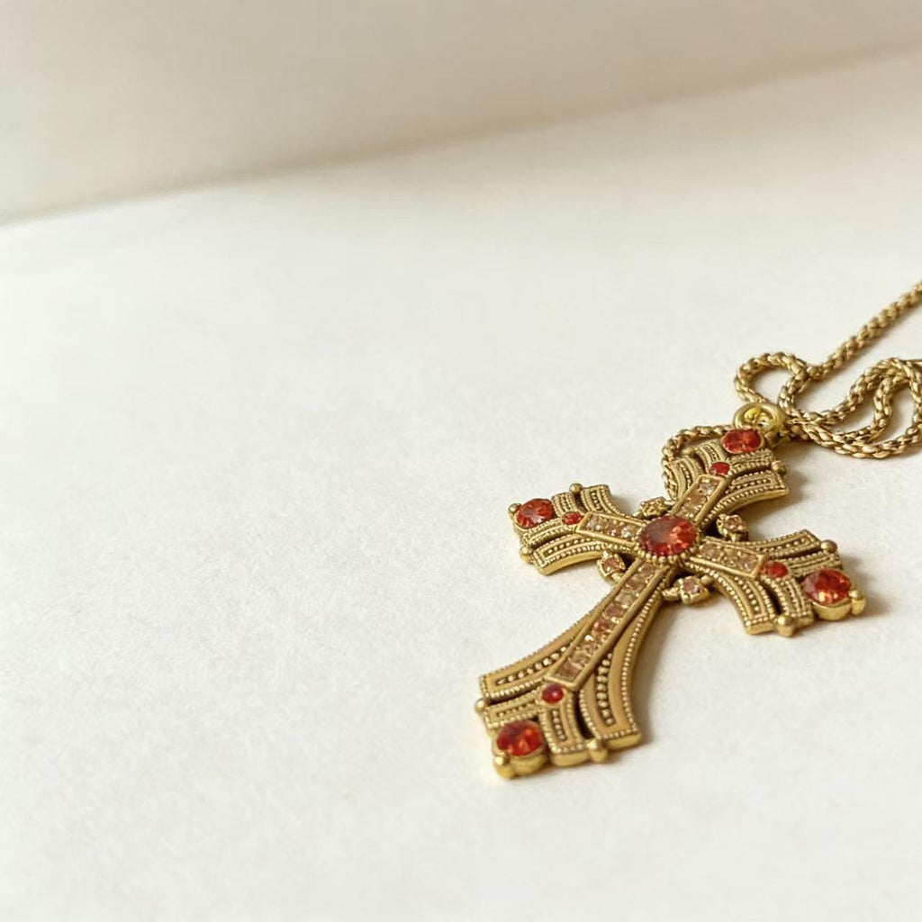 Vintage Gold Cross Pendant with Rhinestones Alloy Gothic Charm