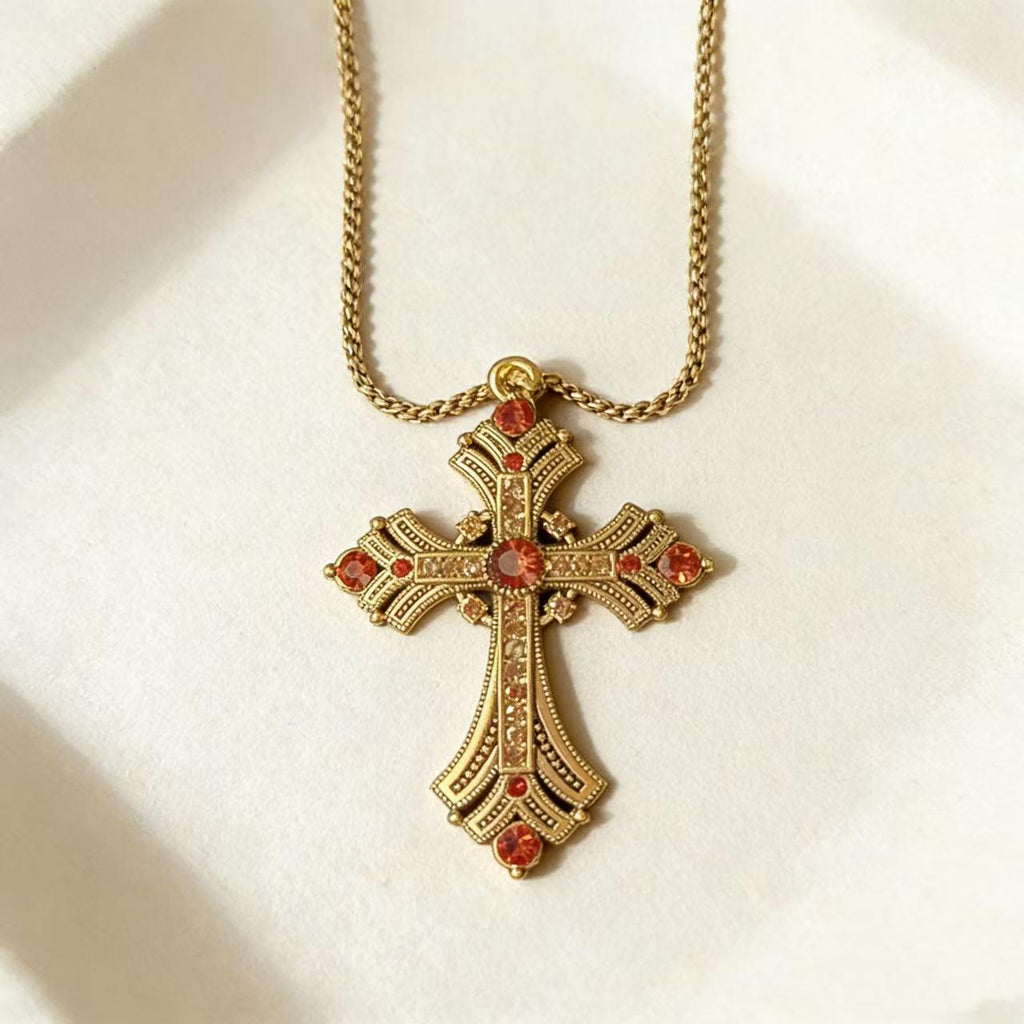 Vintage Gold Cross Pendant with Rhinestones Alloy Gothic Charm