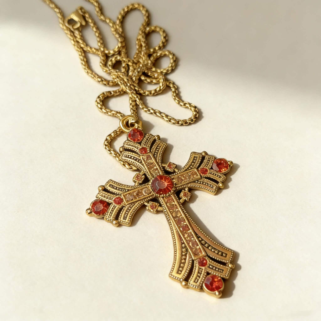 Vintage Gold Cross Pendant with Rhinestones Alloy Gothic Charm