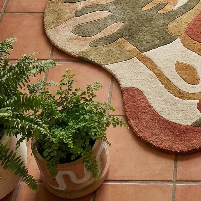 RugverseCreations Organic Abstract Hand Tufted Wool Rug Terracotta Sage Green