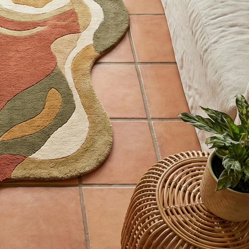 RugverseCreations Organic Abstract Hand Tufted Wool Rug Terracotta Sage Green