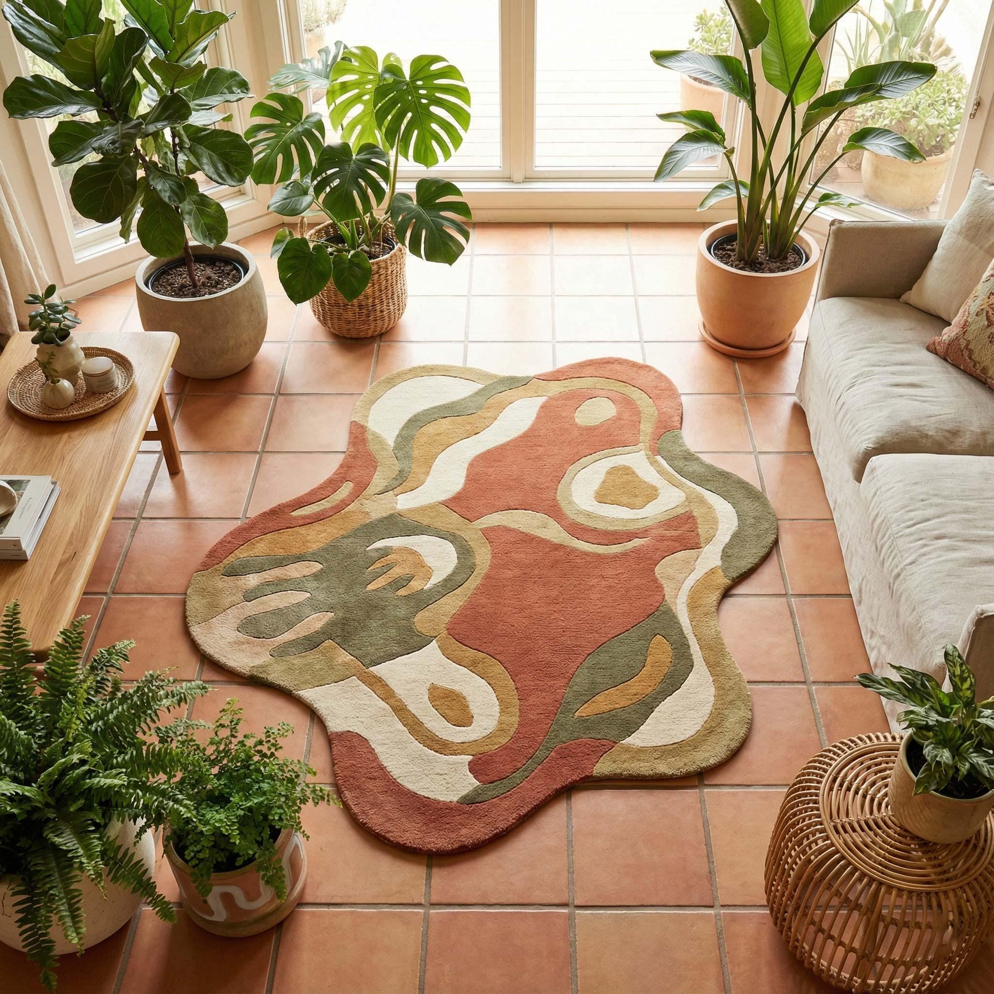 RugverseCreations Organic Abstract Hand Tufted Wool Rug Terracotta Sage Green