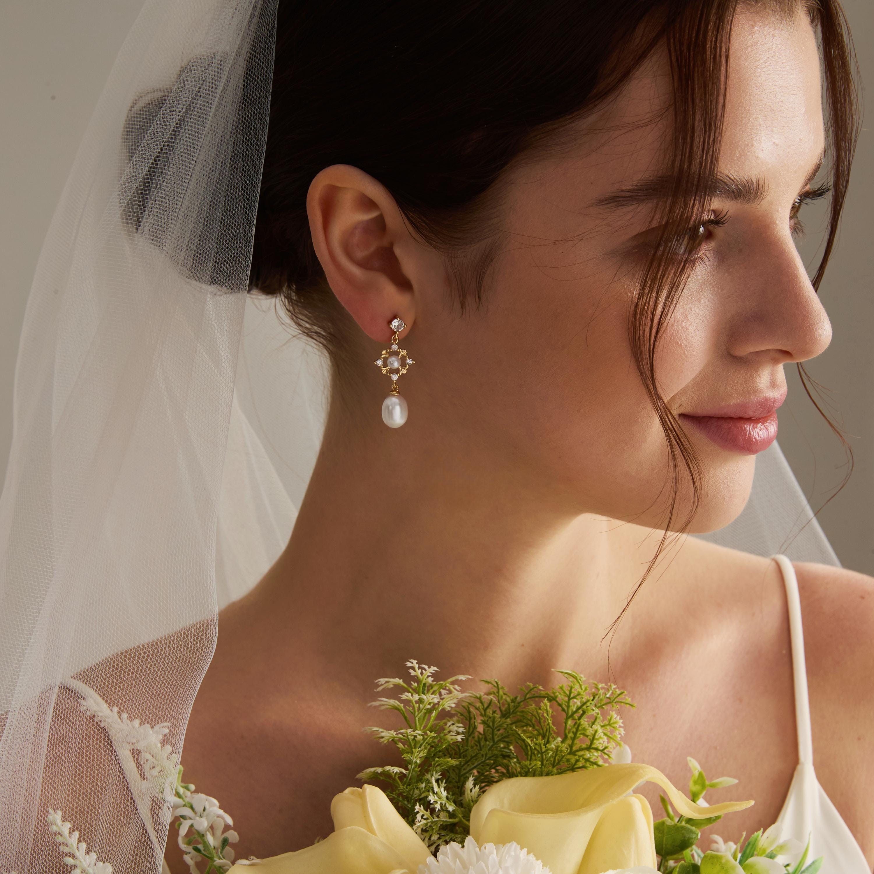 EcloraTreasures Freshwater Pearl Drop Earrings 7mm Gold Tone Bridal
