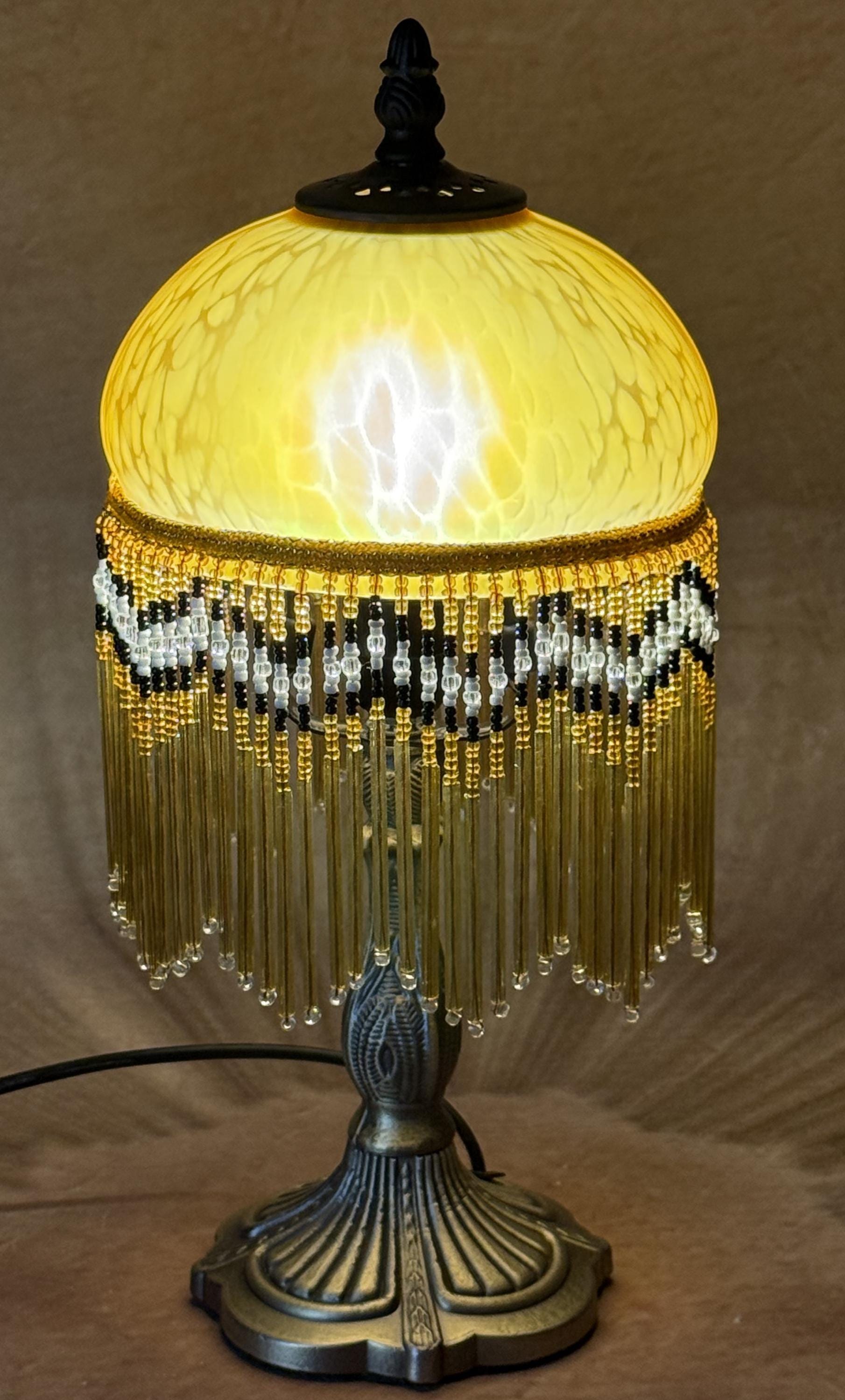 U2Antique Vintage Stained Glass Table Lamp with Beaded Fringe