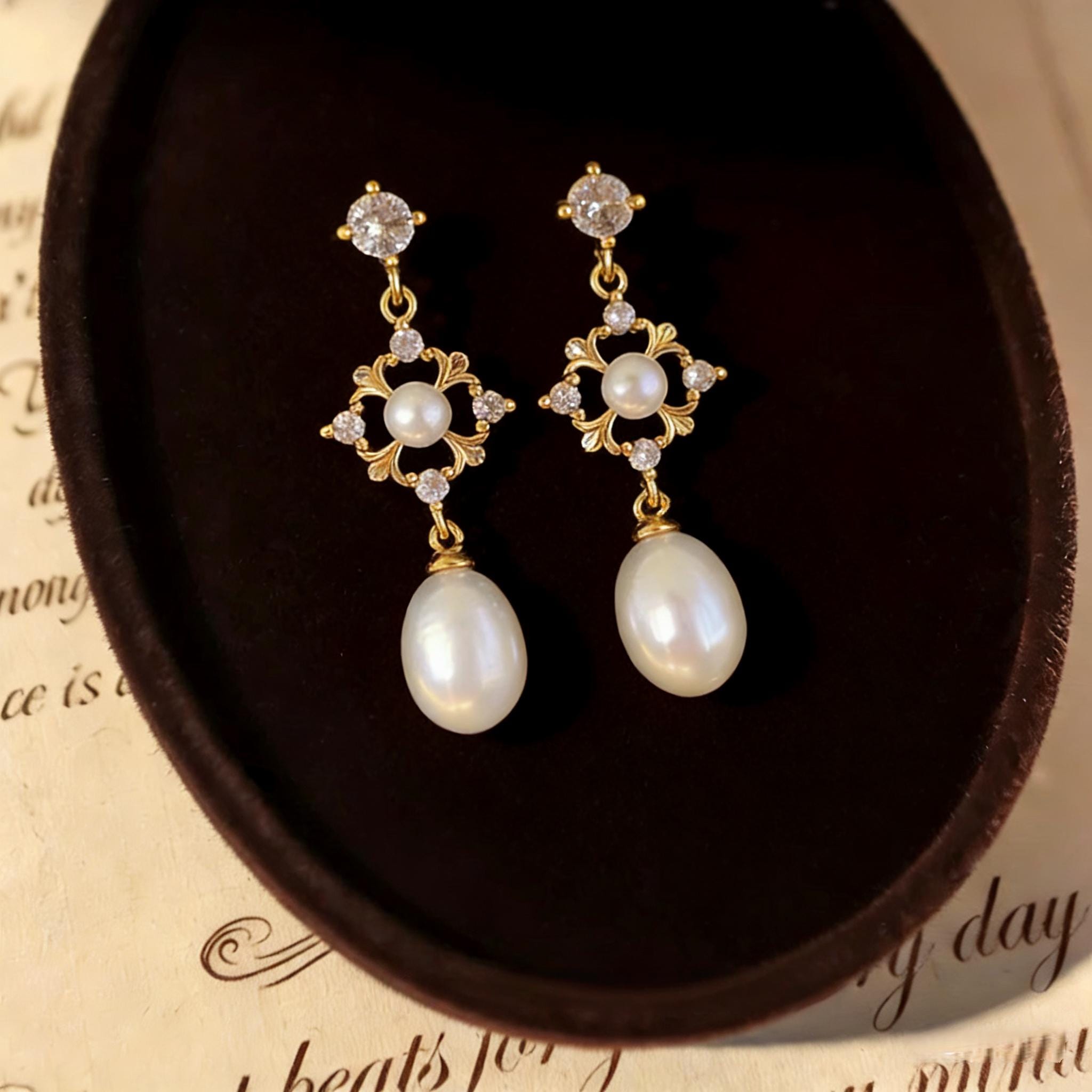 EcloraTreasures Freshwater Pearl Drop Earrings 7mm Gold Tone Bridal