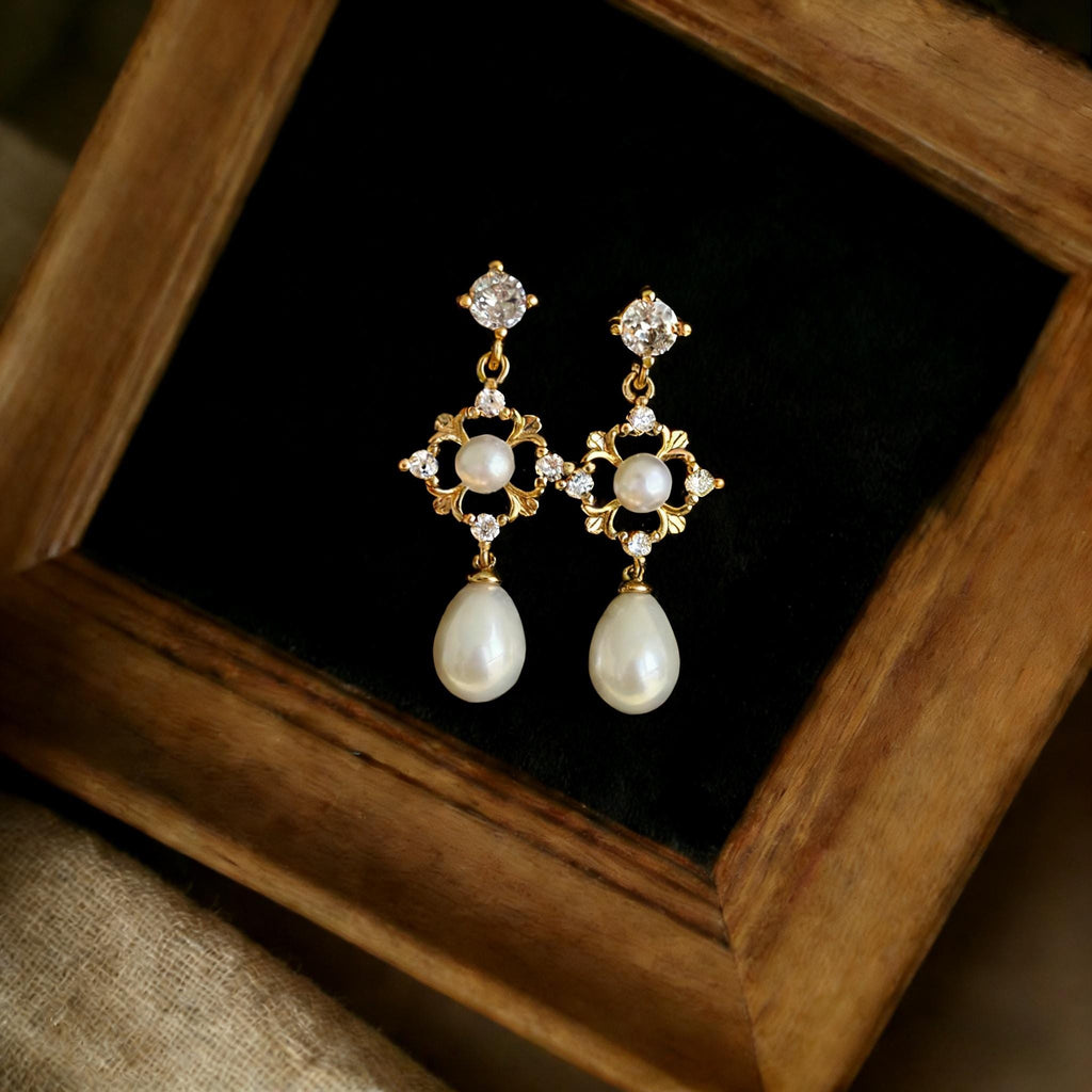 EcloraTreasures Freshwater Pearl Drop Earrings 7mm Gold Tone Bridal